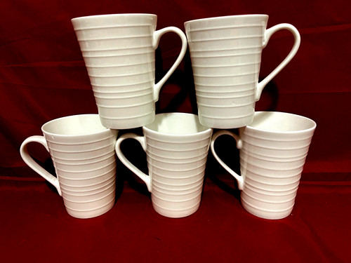 Mikasa Swirl Bone China Set Of 5 White Coffee Mugs/Cups 4 1/2" Tall