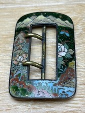 Antique Asian Enamel Cloisonn  Intricate Belt Buckle Mountains Flowers