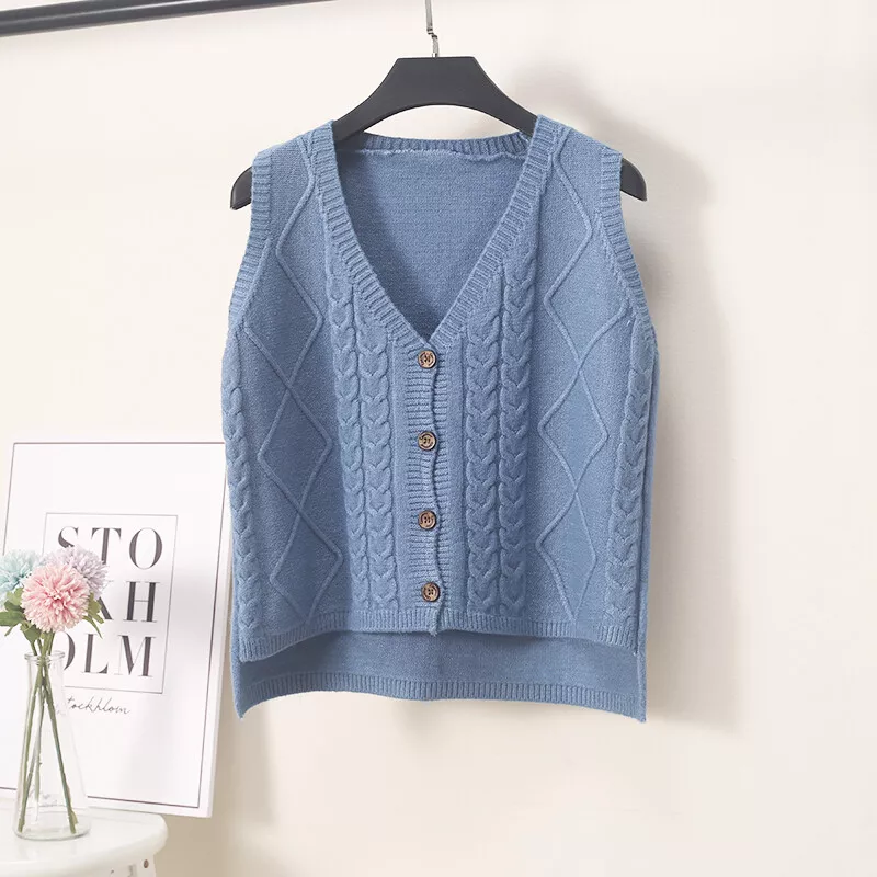 Women Gril Cable Knit Cardigan Sweater Jumper Vest Tank Top Waistcoat  Preppy