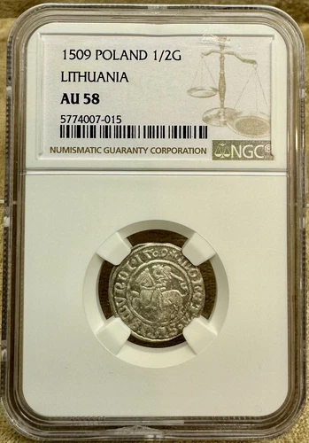 Poland Lithuania 1509 1/2 Groat Pólgrosz NGC AU58 Sigismund I Old Rare Grade