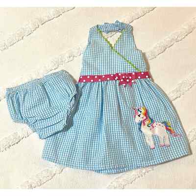Emily Rose Seersucker Unicorn Halter Dress size 18 month Blue Gingham