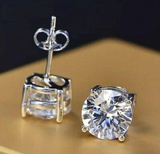 14k White Gold Plated 3 Ct Round Cut Lab-Created Diamond Solitaire Stud Earrings