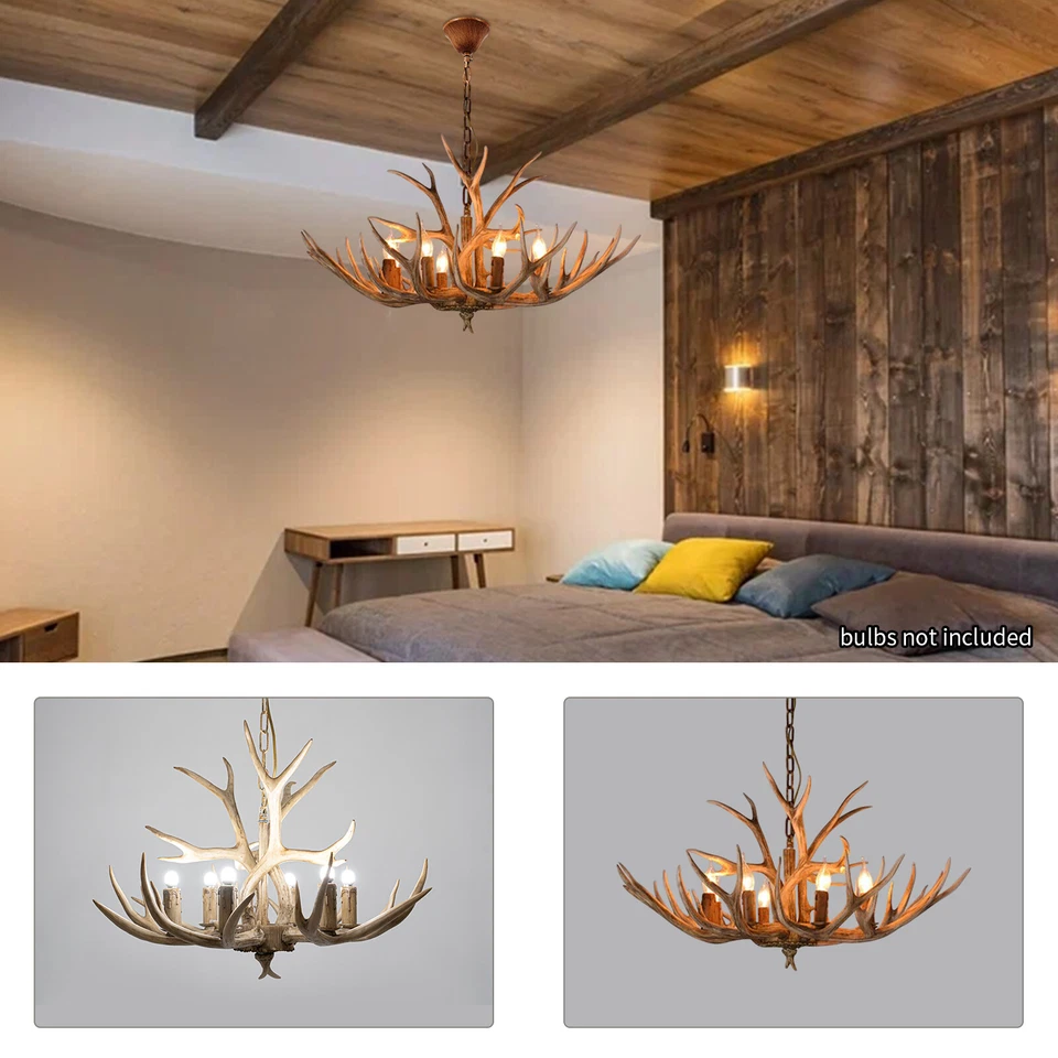 6-Heads Antler Chandelier Light Deer Horn Dining Restaurant Pendant Lamp Resin - Image 3 of 4