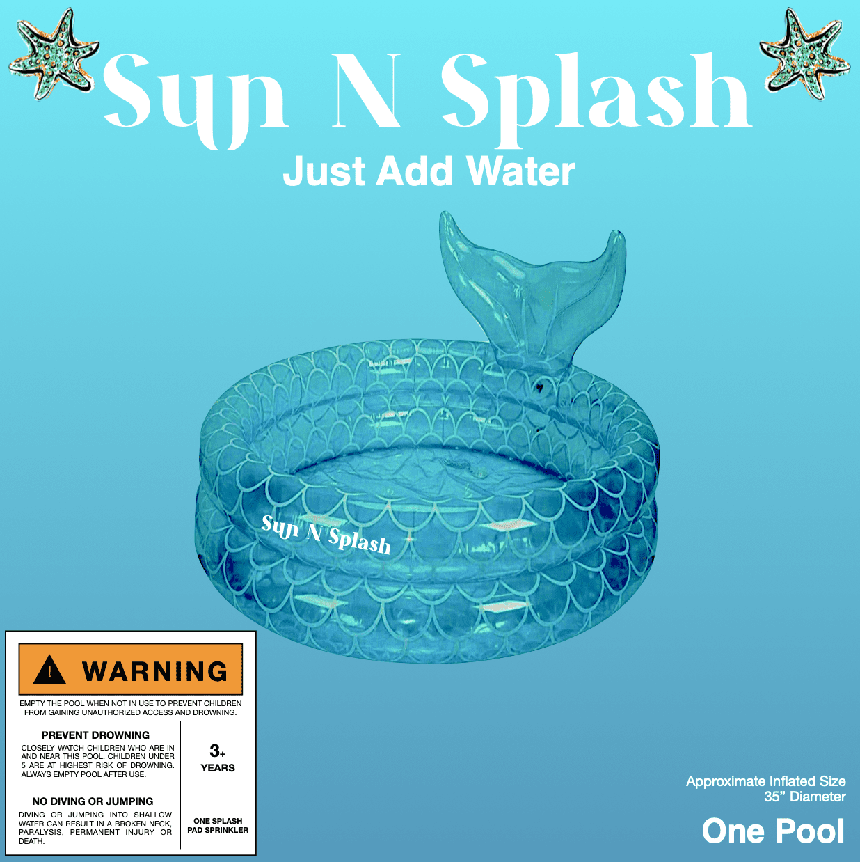 Sun N Splash Blue Mermaid Inflatable Kids Pool for Outdoor Fun