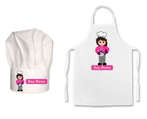 KINDER PERSONALISIERT Cartoon Mädchen Koch Druck Kinder Koch Mütze/Schürze Set - Bild 1 von 6