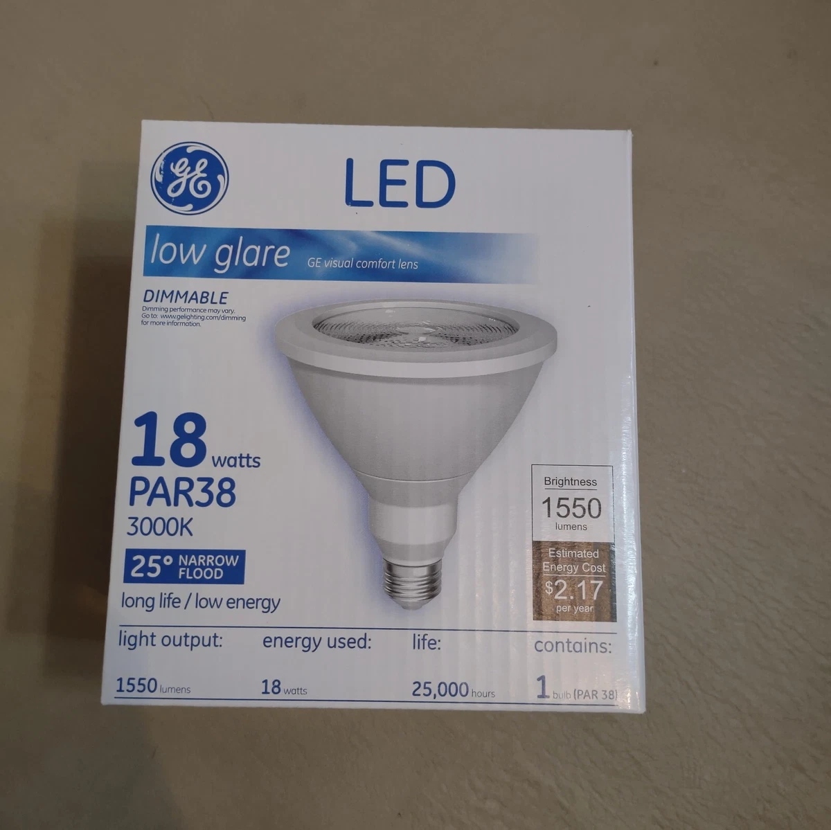 GE low glare LED PAR38 Dimmable 18 watts 3000K 15 degree spot light bulb