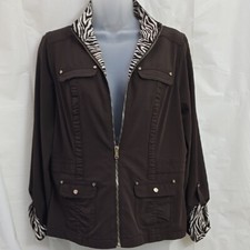 Zenergy By CHICO'S siz:0 Dark Brown Utility Jacket w/ Zebra Animal Print Collar