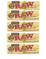 5x Raw Classic 1 1/4 Size Rolling Papers Connoisseur w/tips 5 PKS  USA SHIPPED!