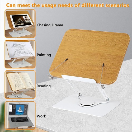 Book Stand Reading Holder 360° Swivel Base Wooden Foldable Recipe Textbook Stand - Picture 4 of 9