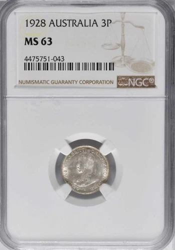 1928 M Australia 3 Pence, NGC MS 63, Brilliant and Lusterous