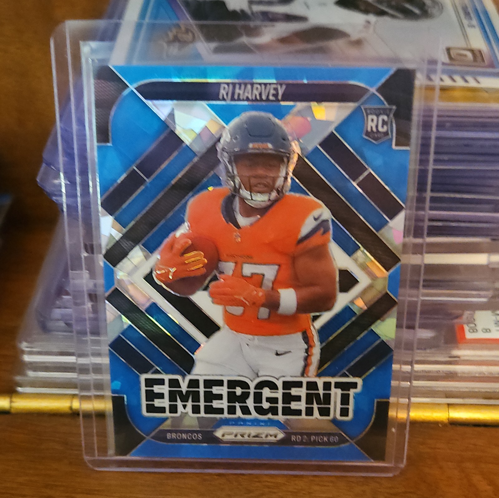 2025 Prizm RJ Harvey Emergent RC Blue Ice Rookie #8/99 Broncos