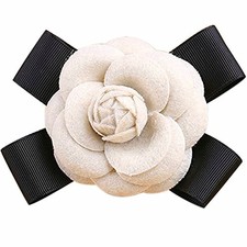 80Hou Elegant Wool Camellia Flower Brooch Vintage Bow Floral Pin beige