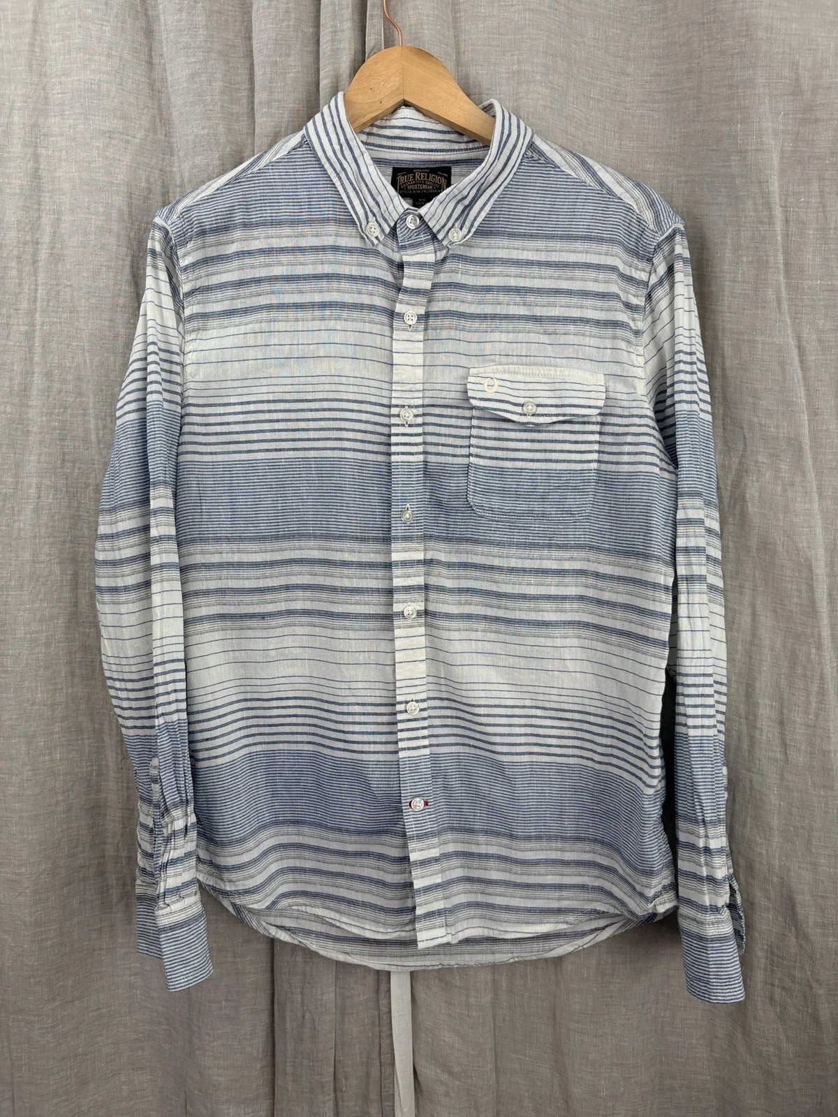 True Religion Shirt Mens Medium Blue Stripe Linen Cotton Button Down Casual