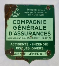 COMPAGNIE GENERALE ASSURANCES, ancienne plaque émaillée C G A, enseigne paillard