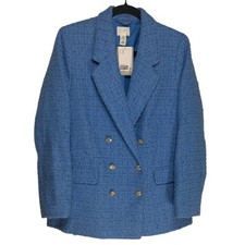 HM Blue Tweed Double Breasted Blazer Gold Button Boucle Jacket Size M New