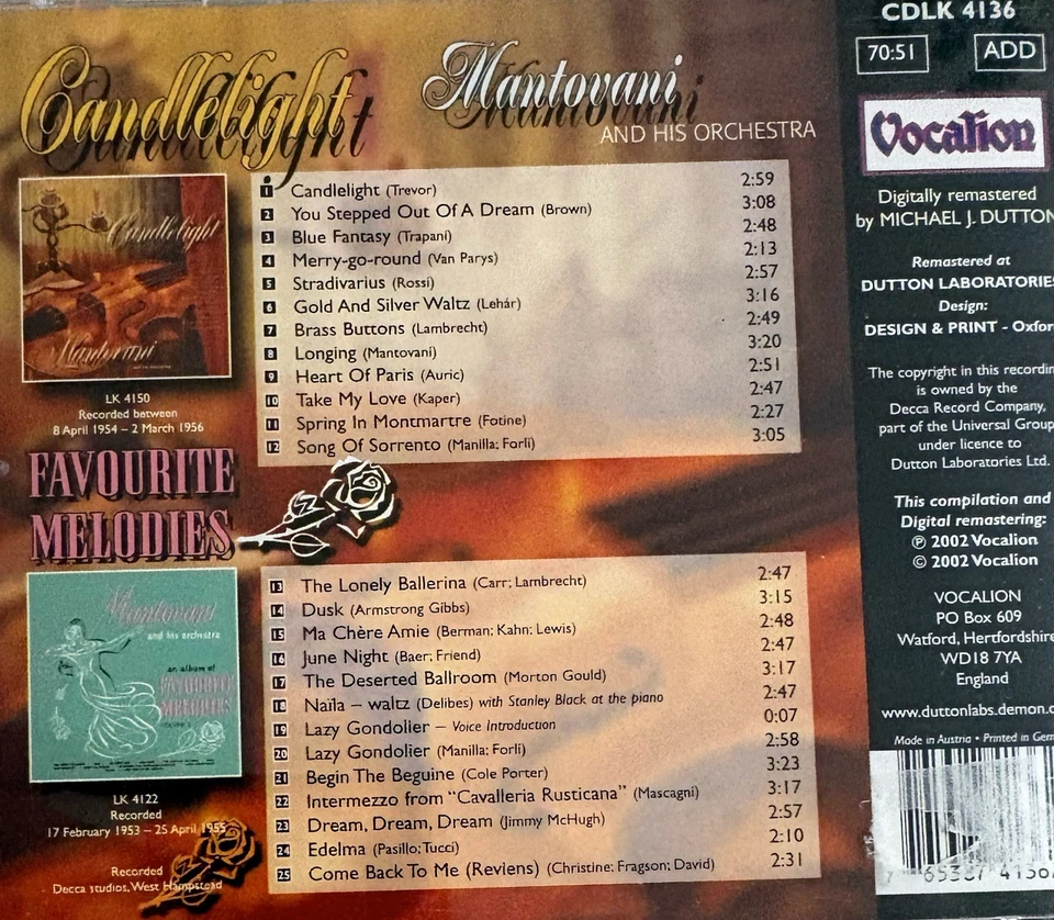 MANTOVANI - Candlelight/An Album Of Favourite Melodies CD 2002 Vocalion Exc Cond - Image 2 of 2