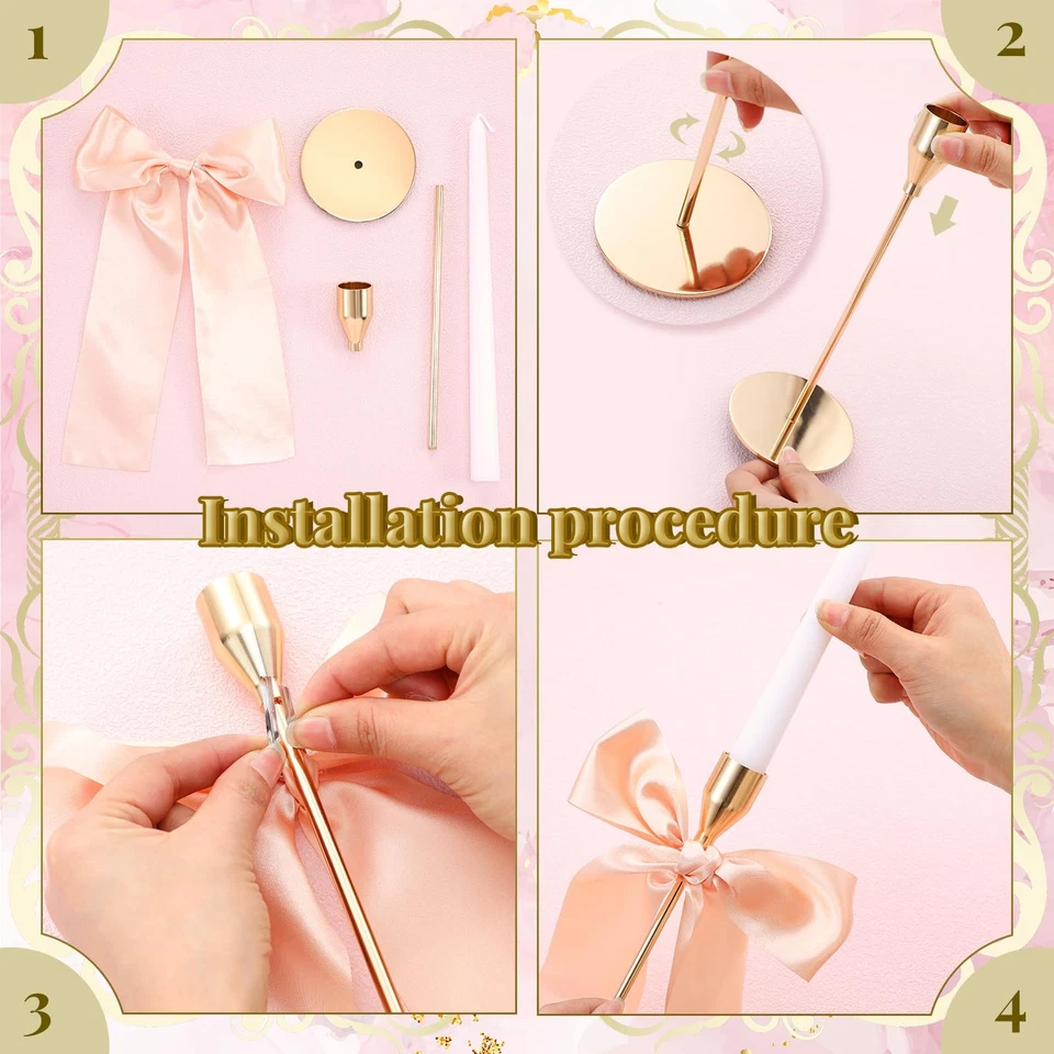 Juego de 6 candelabros cónicos de metal dorado Mumufy arco satinado rosa Foto 3 de 4