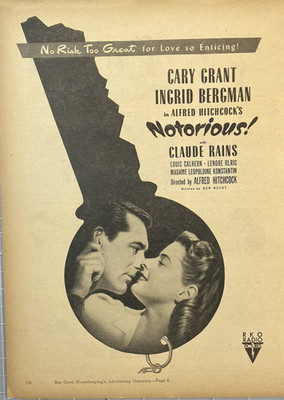 RKO Radio Pictures ''Notorious'' Cary Grant Ingrid Berman Alfred Hitchcock Ad 1946