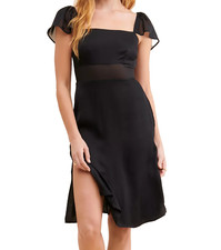 by Anthropologie Women's 12 Dress Black Satin Sheer Panel Flutter Sleeve Slip