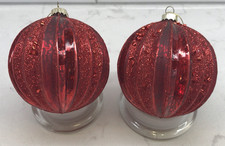 Two Large Red Fluted Glitter Bauble Christmas Ornaments