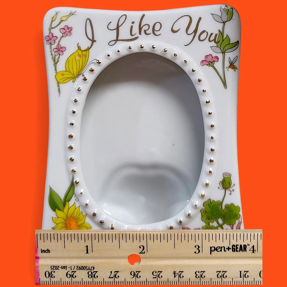Marco de fotos de cerámica floral vintage Enesco "I Like You" se adapta a 2,5" x 3,25" Japón Foto 4 de 4