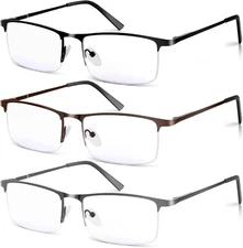 3 Pack Blue Light Blocking Reading Glasses for Men, Stylish Half Frame Metal Com