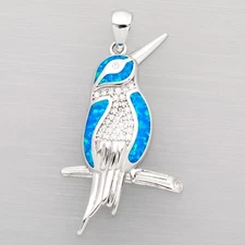 Hummingbird Ocean Blue Fire Opal Silver Jewelry Necklace Pendant
