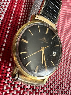 Scarce Beautiful VTG Mens Automatic Bucherer Wrist Watch Date Gold Plated READ