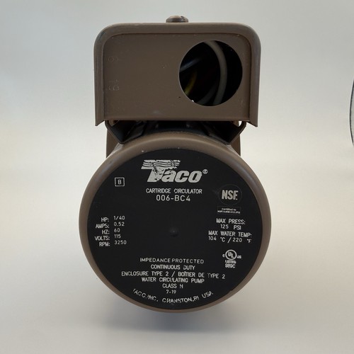 Taco 006-BC4 Cartridge Circulator Pump 115V 1/40 HP Continuous Duty
