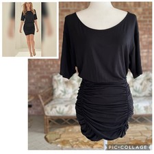 Venus Dress Ruched S Bodycon Blouson Knit Black Short Sleeve Cocktail Chic