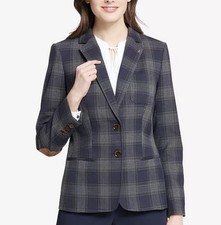 Tommy Hilfiger plaid blue gray patch sleeve tartan button blazer fitted size 12