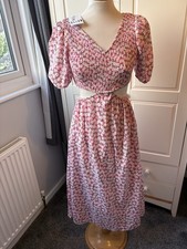 BNWT Reyon Floral Cut Out Midi Dress Size M UK 10 12 Pink Daisy Summer Sun