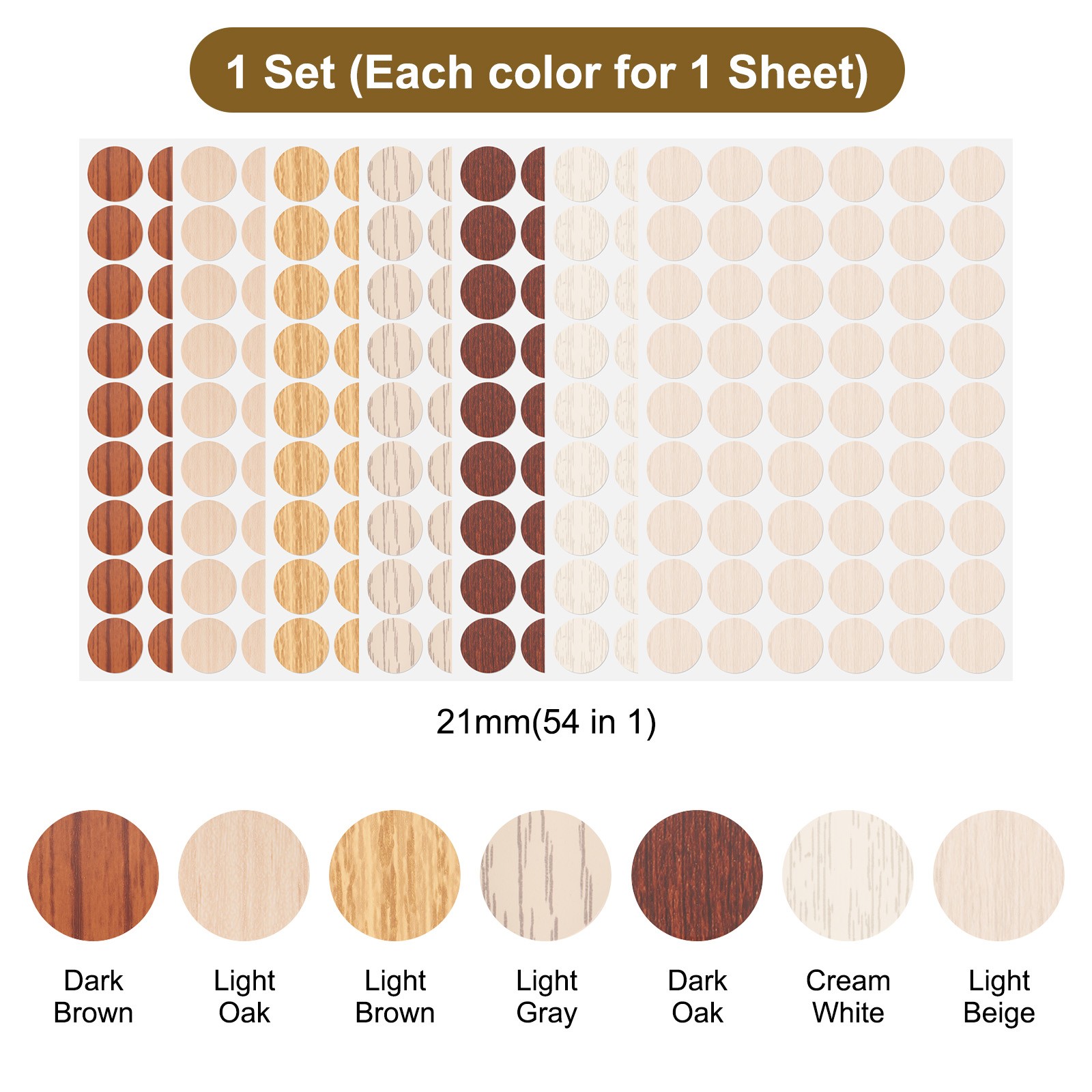 7 Sheets Screw Hole Sticker 21mm 54 in 1 Hole Covers, 7 Colors