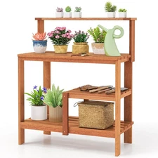 Outdoor Potting Bench Table w/Open Shelves Teak Oil Finish Gardening Workstation
