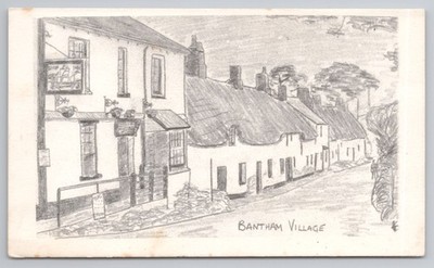 Bantham Village Sloop Inn Straßenszene Reetsche Cottages Skizze South Devon