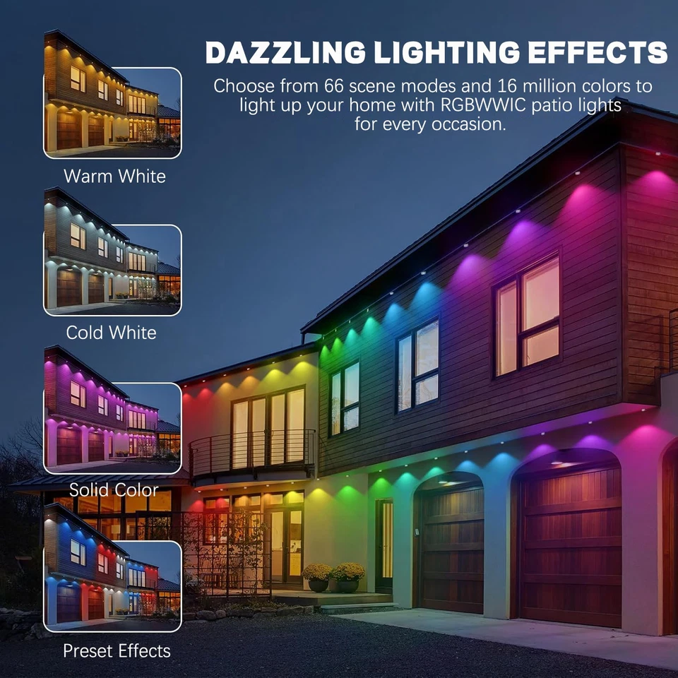 Luces exteriores permanentes inteligentes RGB impermeables iluminación aleros para decoración de casas Foto 2 de 4