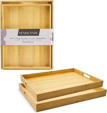 Bamboo Serving Trays with Handles Set of 2 - Portable Rectangular Trays for Serv
