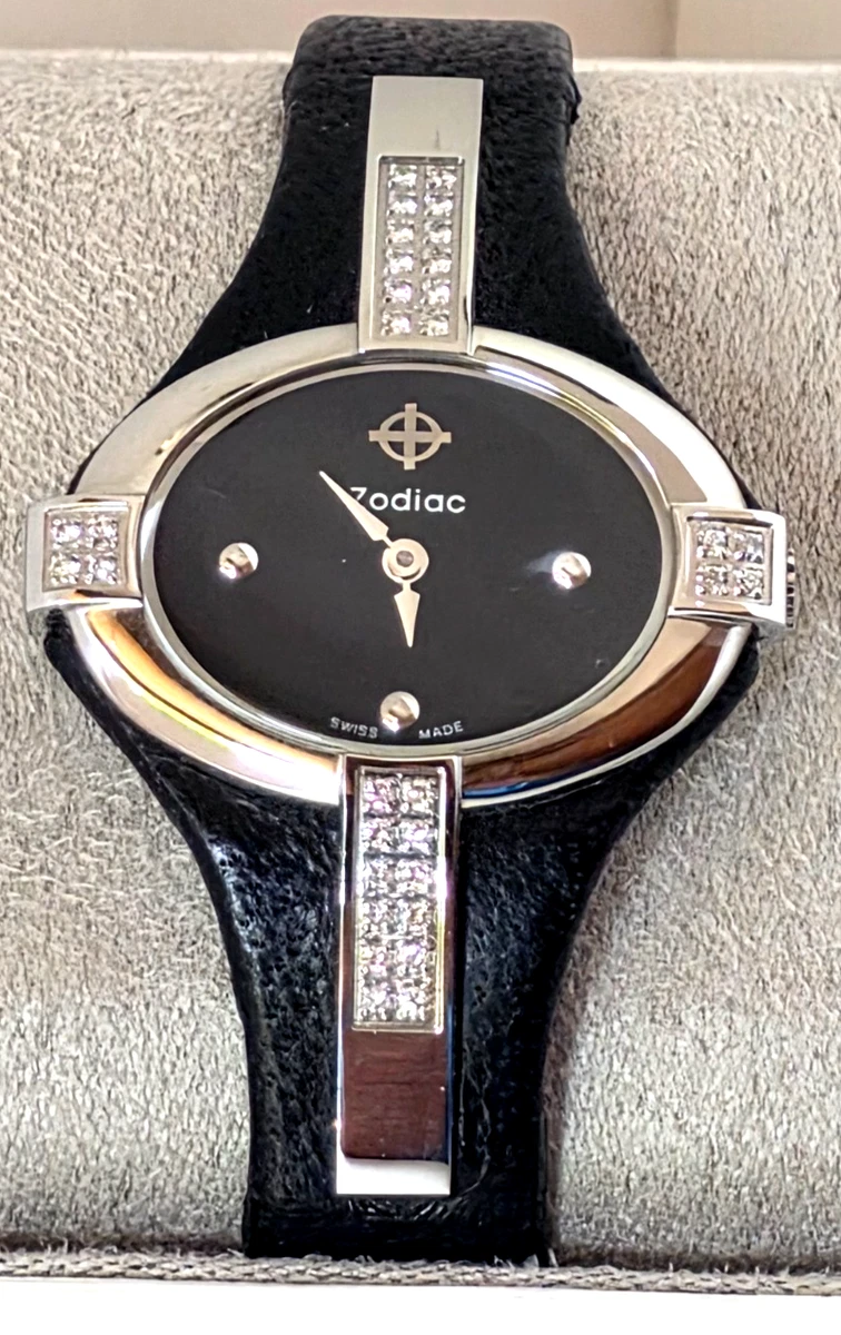 Zodiac Ladies Watch Ultra Rare Diamonds Oval Black Dial Black Leather Stainless Zodiac Ladies Watch Ultra Rare Diamonds Oval Black Dial  main image 3