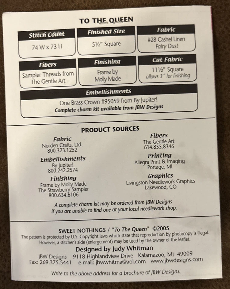 JBW Designs #141 "To The Queen” Counted CS Pattern and Crown Charm - Image 2 of 3