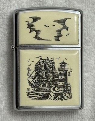 ZIPPO (March 1990) VINTAGE COLLECTIBLE LIGHTER SCRIMSHAW SHIP & LIGHTHOUSE-CLEAN