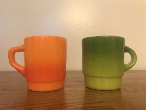 Anchor Hocking Fire King Mugs Orange & Green  2 Piece Set