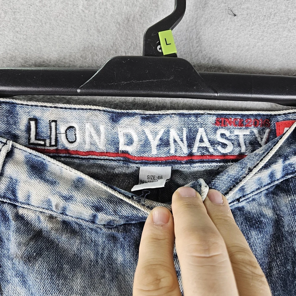 Pantalones de mezclilla ajustados rasgados desgastados lavado ácido azul blanco Lion Dynasty para hombre 36 Foto 4 de 4