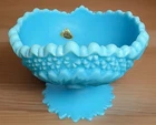 FENTON Blue Satin Custard Compote Pedestal Bowl HOBSTAR Pinwheel Vase 5" Vintage
