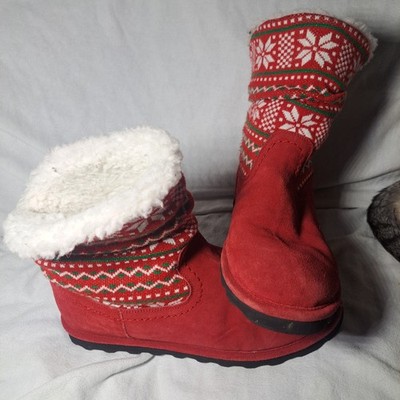 BEARPAW 2133W Virginia Red Holiday Knit Sheepskin Wool Blend Ankle Boots Wms 13
