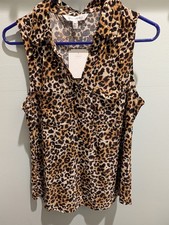 EMILY DANIELS Black Brown Blend Shiny Sequined Animal Print 2 Pocket Top Medium 