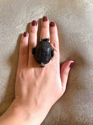 Vintage Ancient Egyptian Scarab Beetle Ring with Bastet Goddess and Ankh Key