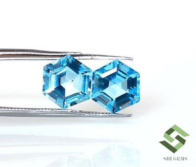 9x9 mm Natural Swiss Blue Topaz Hexagon Cut Pair 7.32 CTS Certified Gemstones