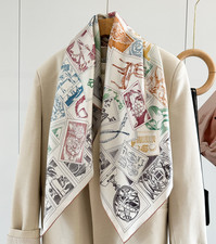 100 Silk Mulberry Wrap Shawl Square white stamp Print Bandanna Scarf 88X88cm