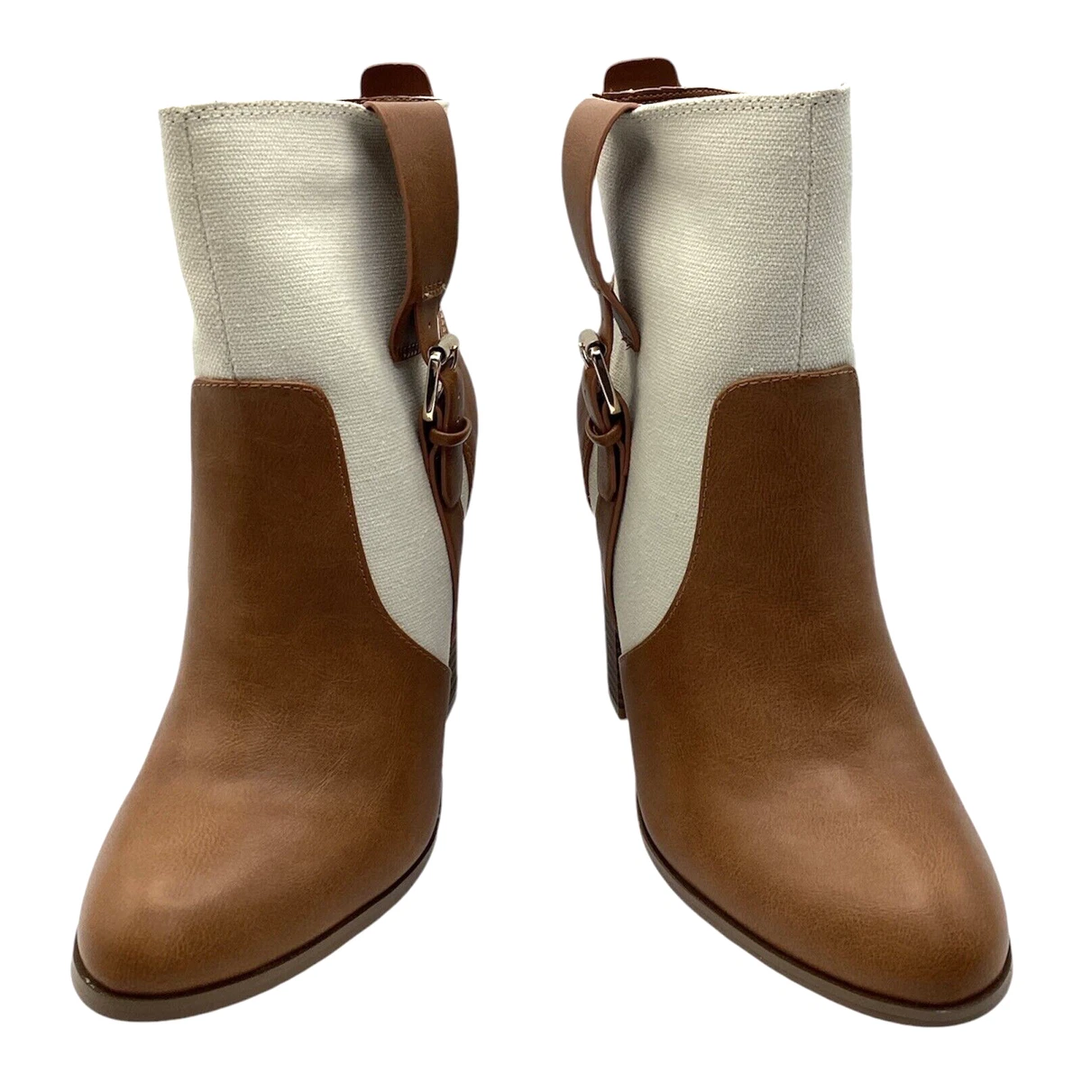 Anne Michelle Mujer Botines UK 4 Beige Tostado Imitación Cuero Lona Tacón Bloque