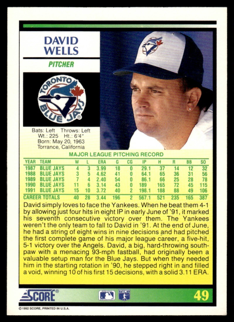 メジャーリーグ　カード　David Wells 1992 Score #49 David Wells Toronto Blue Jays | eBay